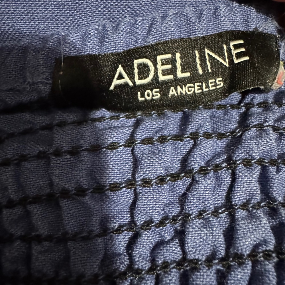 Adeline Cottagecore Blue Linen Blend Midi Dress L Bow Sweetheart Neck Smocked - Picture 12 of 13